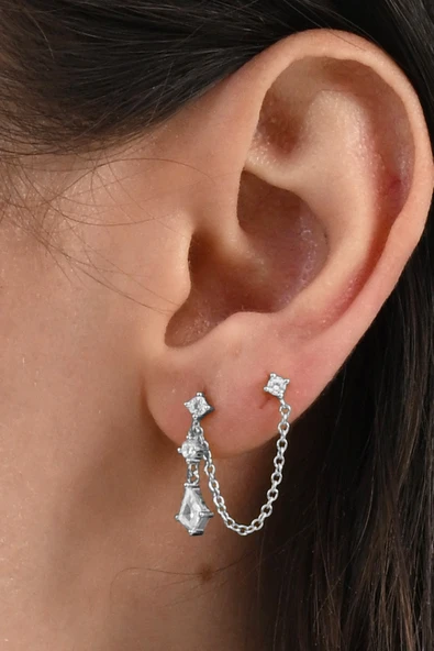 925 ayar gümüş rodyumlu kristal kesim zirkon taşlı çift delikli kullanılabilen gümüş zincir küpe SGTL13072RODAJ ürün görseli