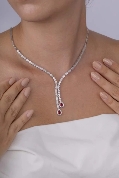 Gümüş Pazarım Yakut Taşlı Damla Motifli Rodyum Kaplama Gümüş Kolye - 3