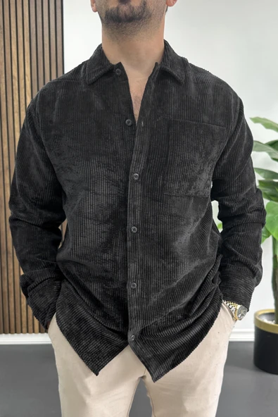 Erkek Kadife Kumaş Gömlek Siyah Edw415 ürün görseli