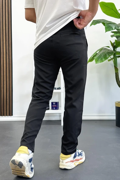 Erkek Slim Fit Beli İpli Düğmeli Pantolon Siyah Edw403 - Resim 3