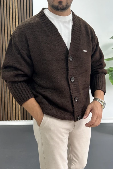 Erkek Düğmeli Rahat Kesim Hırka Kahverengi Edw416 - Resim 3