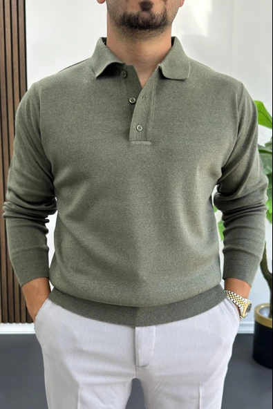 Erkek Düğmeli Polo Yaka Kazak Yeşil Edw231 ürün görseli