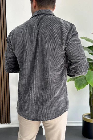 Erkek Kadife Kumaş Gömlek Füme Edw415 - Resim 3