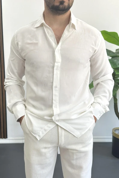 Erkek Viskon Kumaş Uzun Kollu Gömlek Beyaz Edw391 ürün görseli