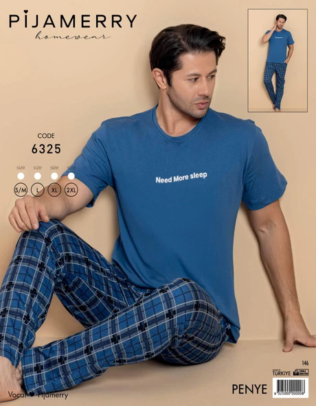 Pijamerry Erkek Bisiklet Yaka Kısa Kol Penye Pijama Takımı 6325 - 1 Adet  S - M Mavi - Resim 2