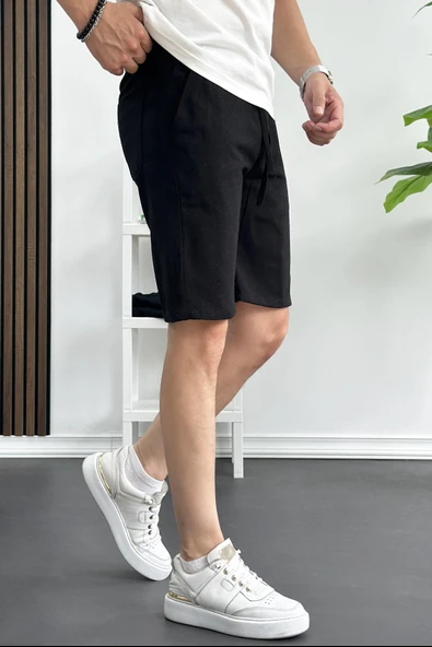 Erkek Ham Keten Rahat Kesim Şort Siyah Edw149 - Resim 2