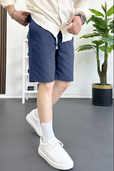 Erkek Beli Lastikli Keten Kumaş Şort Lacivert Edw370 ürün görseli