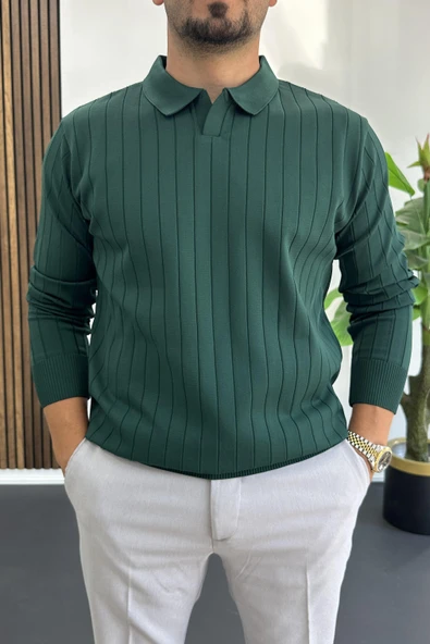 Erkek Açık Yaka Normal Kalıp Kazak Yeşil Edw412 ürün görseli