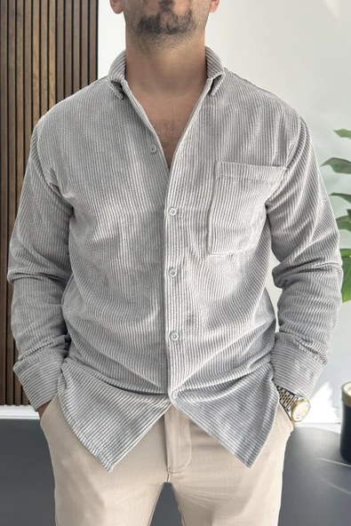 Erkek Kadife Kumaş Gömlek Gri Edw415 ürün görseli
