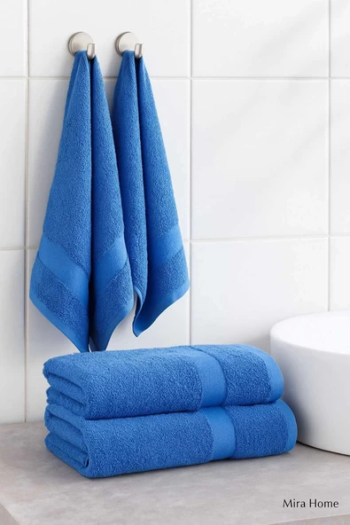 4 Parça Ekonomik Banyo Havlu Takımı %100 Pamuklu Quickdry Mavi Mavi ürün görseli