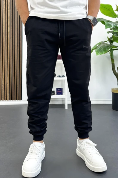 Erkek Regular Fit Dar Paça Lastik Paça Eşofman Altı Siyah Edw406 - Resim 2