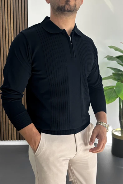 Erkek Çizgi Desenli Normal Kalıp Kazak Lacivert Edw422 - Resim 2