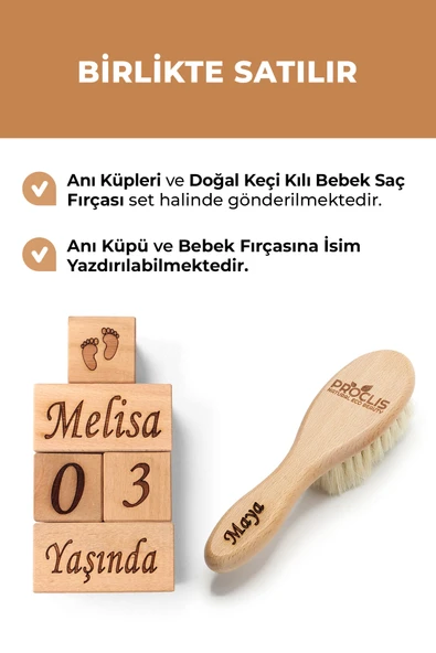 İsime Özel Ahşap Anne-Bebek Anı Küpü Ve Doğal Keçi Kılı Bebek Tarağı - 7