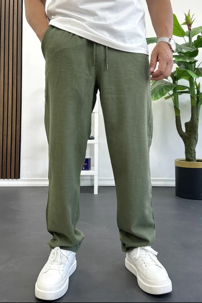 Erkek Rahat Kalıp Keten Görünümlü Pamuklu Beli Lastikli Pantolon Yeşil Edw404 - Resim 2
