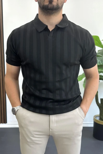 Erkek Açık Yaka Desenli Tişört Siyah Edw385 ürün görseli 1