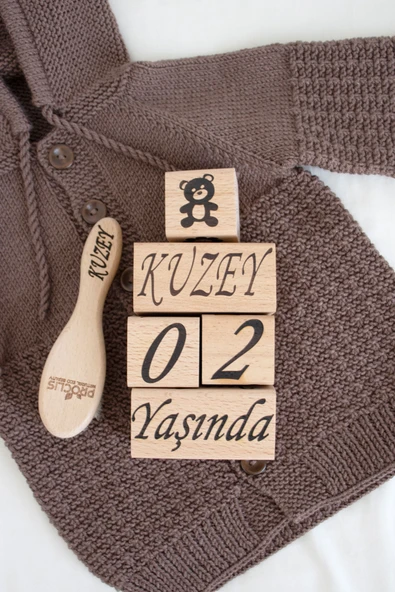 İsime Özel Ahşap Anne-Bebek Anı Küpü Ve Doğal Keçi Kılı Bebek Tarağı - 4