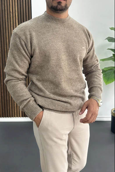 Erkek Bisiklet Yaka Buklet Kumaş Kazak Kahverengi Edw419 - Resim 2