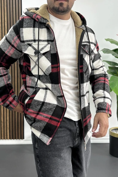 Erkek İçi Kürklü Kapüşonlu Ceket Beyaz Edw418 - Resim 4