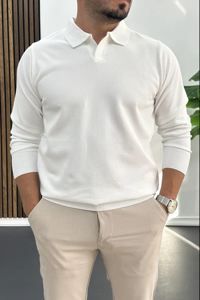 Erkek Açık Yaka Düz Desen Normal Kalıp Kazak Beyaz Edw423 ürün görseli