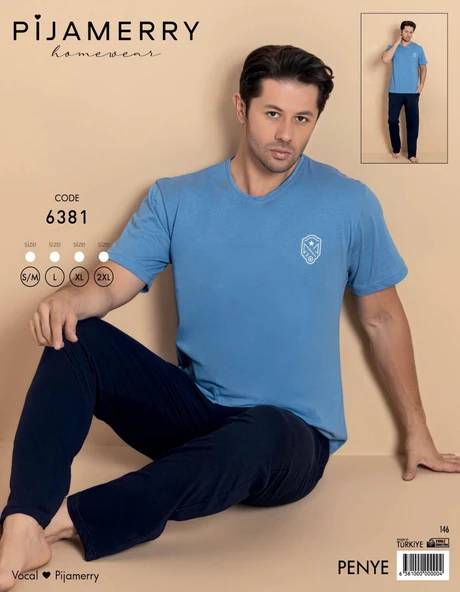 Pijamerry Erkek Bisiklet Yaka Kısa Kol Penye Pijama Takımı 6381 - 1 Adet  2XL Mavi - Resim 2