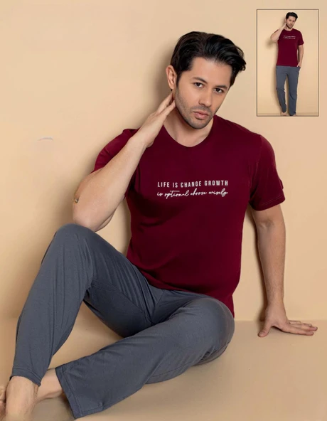 Pijamerry Erkek Bisiklet Yaka Kısa Kol Penye Pijama Takımı 6132 - 1 Adet  XL Bordo ürün görseli