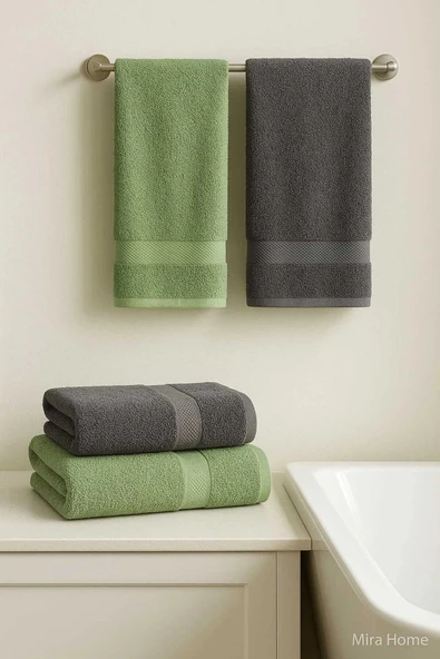 4 Parça Banyo Havlu Takımı %100 Pamuklu Dry Antrasit Yeşil - Resim 2