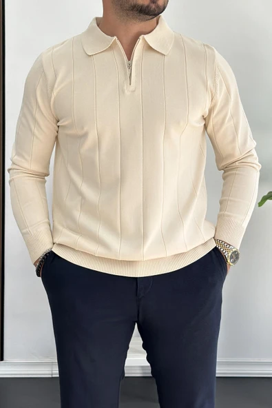 Erkek Yarım Fermuarlı Polo Yaka Mevsimlik Kazak Krem Edw195 ürün görseli