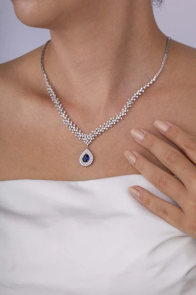 Gümüş Pazarım Hürrem Sultan Modeli Safir Taşllı Damla Motifli 925 Ayar Gümüş Kolye - Resim 3