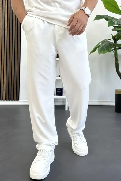 Erkek Rahat Kalıp Pileli Pantolon Beyaz Edw402 - Resim 2