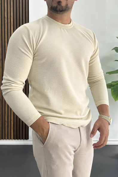 Erkek Oval Kesim Bisiklet Yaka Mevsimlik Sweatshirt Krem Edw421 - Resim 2