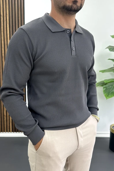 Erkek Slim Fit Desenli Polo Yaka Kazak Gri Edw426 - Resim 2