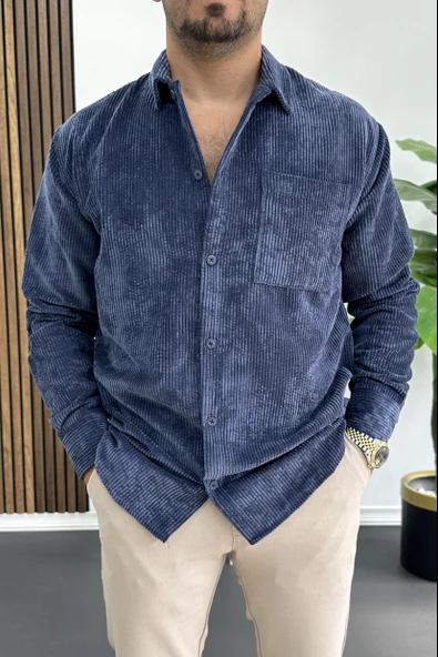 Erkek Kadife Kumaş Gömlek Mavi Edw415 ürün görseli