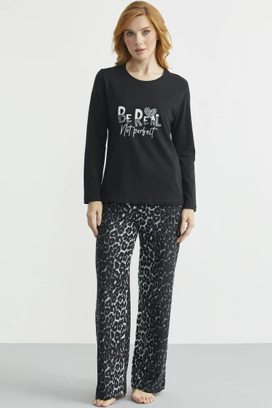 Yumuşak Dokulu Leopar Kombinli Rahat Takım - Siyah - Resim 2