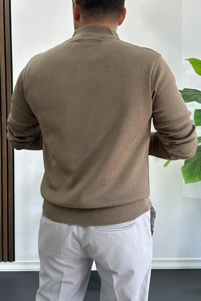 Erkek Yarım Fermuarlı Normal Kalıp Kazak Kahverengi Edw411 - Resim 3