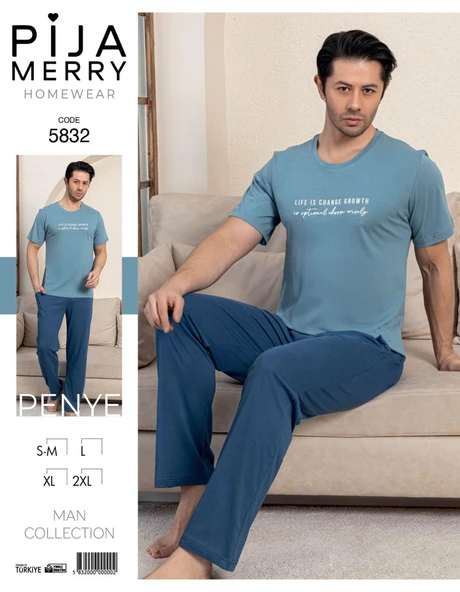 Pijamerry Erkek Bisiklet Yaka Kısa Kol Penye Pijama Takımı 5832 - 1 Adet  2XL Açık Mavi - Resim 2