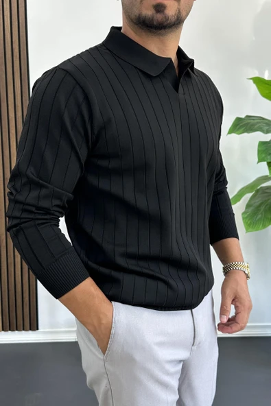 Erkek Açık Yaka Normal Kalıp Kazak Siyah Edw412 - Resim 2