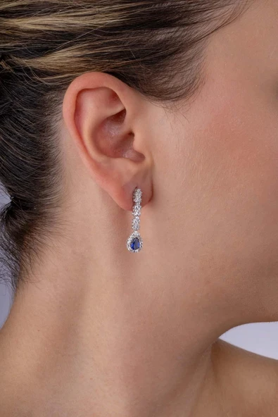 Gümüş Pazarım Safir Taşlı Damla Motifli Rodyum Kaplama Gümüş Küpe - Resim 3