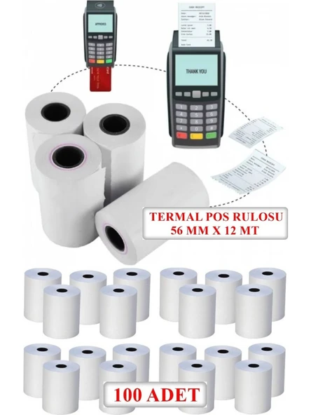 56x12m Termal Rulo Yazar Kasa Pos Kağıdı 12 Metre / 100 Adet (10 Paket)