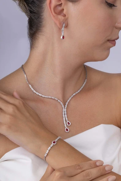 Gümüş Pazarım Yakut Taşlı Damla Motifli Rodyum Kaplama Gümüş Düğün Seti - 2