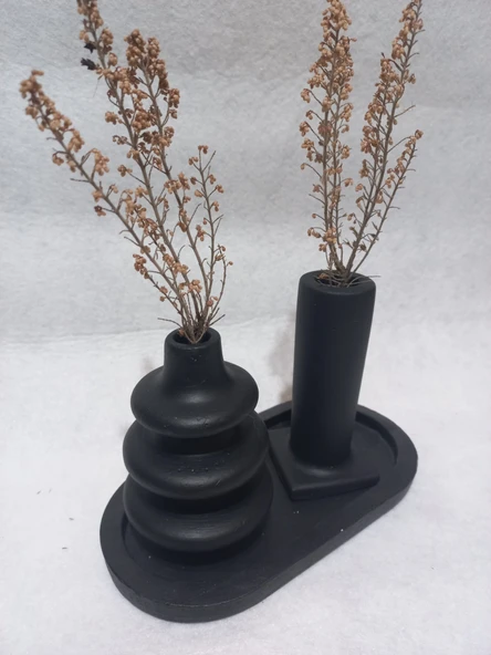 Dekoratif  3 Parça Tabaklı Vazo Set Siyah Dekor ürün görseli 1