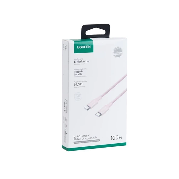 UGREEN USB-C 100W 5A QC PD Örgülü Hızlı Şarj Kablosu, 1 Metre, Pembe, 65251 - Resim 2