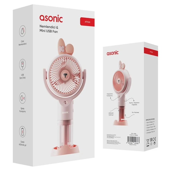 Asonic AFN26 Pembe 500mAh 2 Kademe Nemlendirici Sprey USB Fan - 2