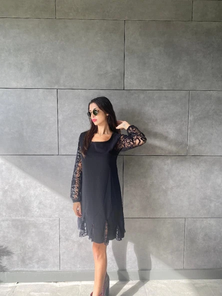 MDB Kadın Uzun Kollu Yuvarlak Yaka Kol Ve Etek Ucu Dantelli Kısa Ithal Krep Elbise - Resim 4