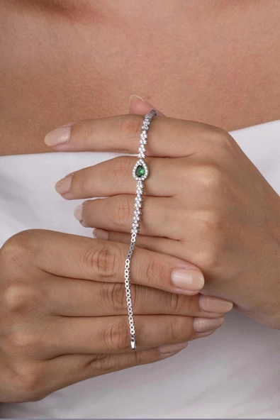 Gümüş Pazarım Zümrüt Taşlı Damla Motifli Rodyum Kaplama Gümüş Bileklik - 3