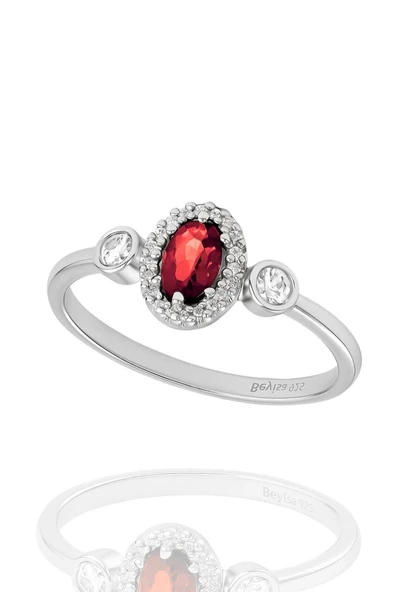 Minera Serisi 925 Ayar Gümüş Kımızı Lal Zirkon Taşlı Oval Yüzük
