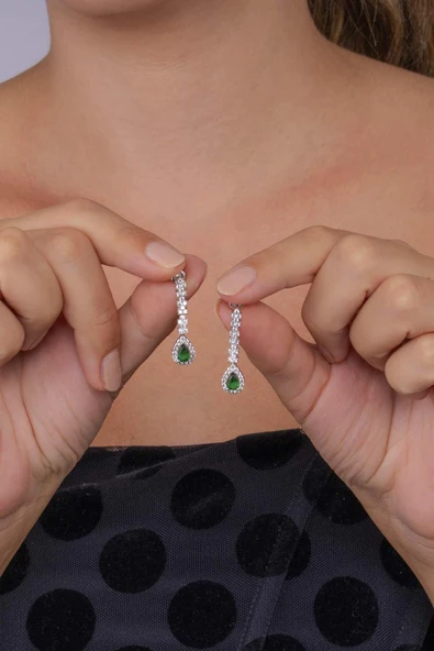 Gümüş Pazarım Zümrüt Taşlı Damla Motifli Rodyum Kaplama Gümüş Küpe - 3