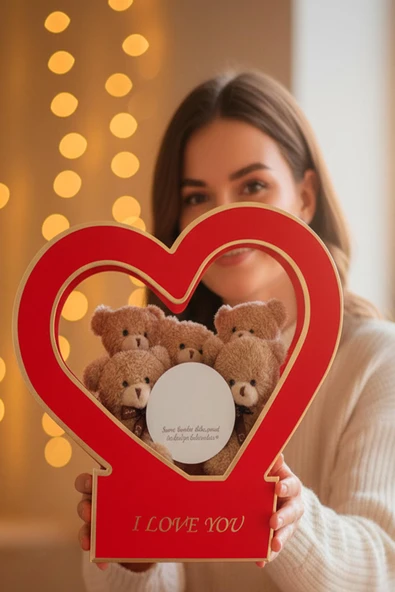 Özel Kalpli Kutuda Romantik Mesajlı Aynası ile Boz 5'li Peluş Ayıcık Buleti - Resim 3