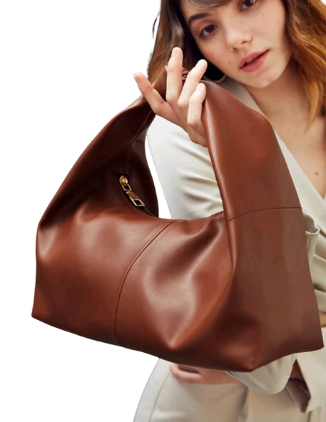 Şık Tasarım Deri Kadın Kol Çantası-Kahverengi