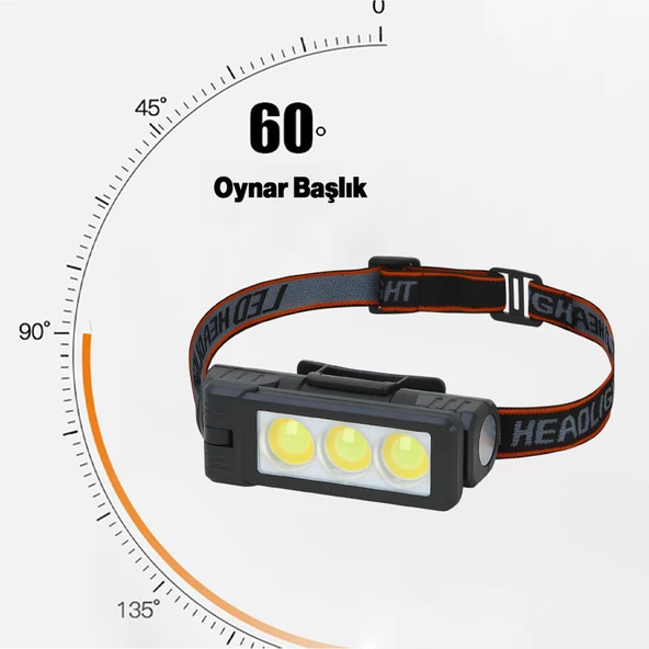 Kafa Feneri Kafa Lambası 3 LED 10W Uzun Menzil Usb Şarjlı Ledli Işık Su Geçirmez Kamp El Feneri - Resim 4