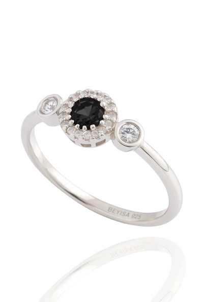 Minera Serisi 925 Ayar Gümüş Siyah Oniks Zirkon Taşlı Yuvarlak Yüzük